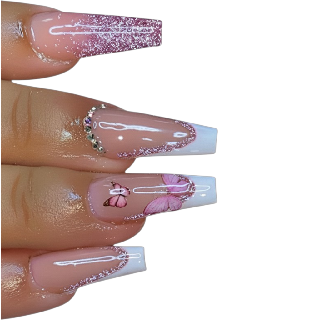 Butterfly Pop | Extra-Long Pink Butterfly Coffin Press-On Nails