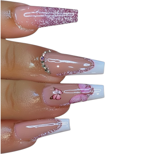 Butterfly Pop | Extra-Long Pink Butterfly Coffin Press-On Nails
