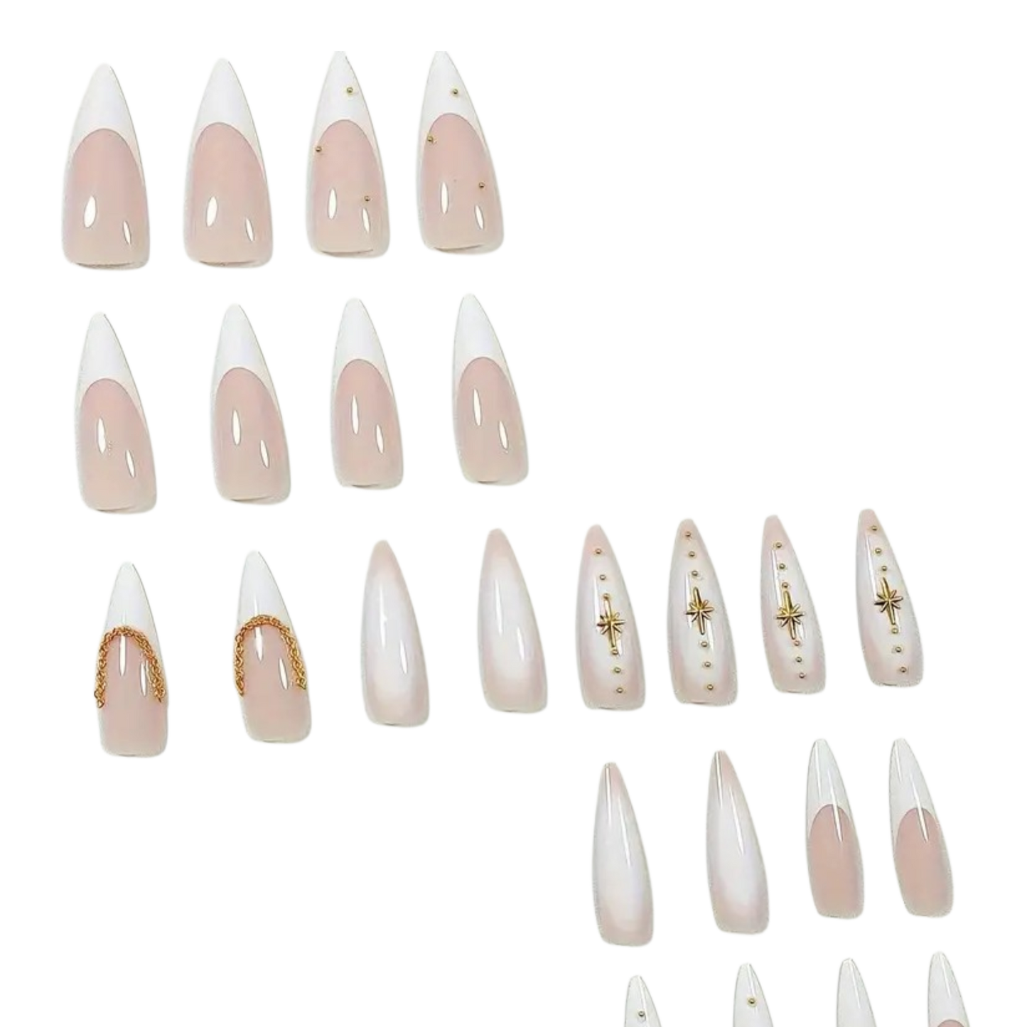 A set of long almond-shaped press-on nails arranged on a plain white background. The nails feature a glossy nude-pink base with white tips and small gold decorative accents, including stars, dots, and curved metallic trim.