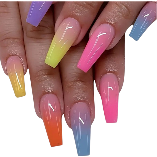 Color Rush | Extra-Long Rainbow Ombré Coffin Press-On Nails