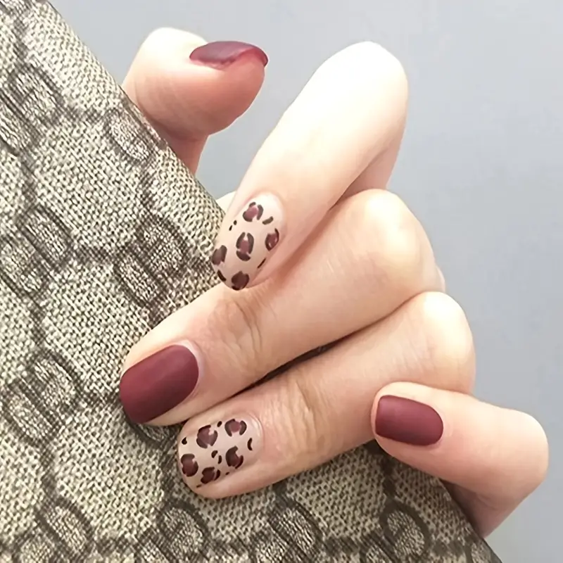 Burgundy Leopard Print Nails