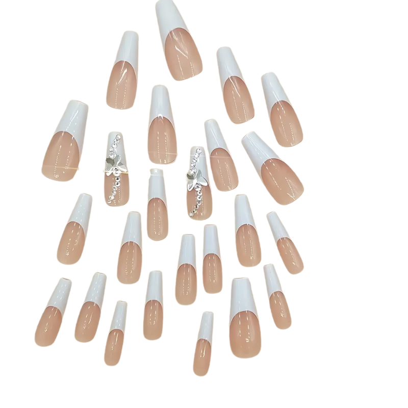 Butterfly Frost | Extra-Long White French Tip Coffin Press-On Nails