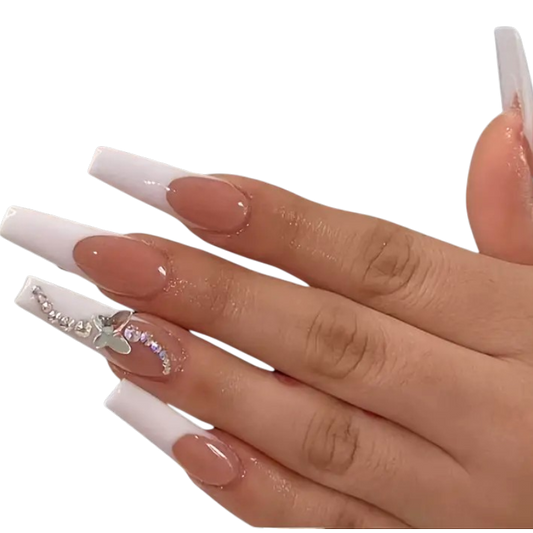 Butterfly Frost | Extra-Long White French Tip Coffin Press-On Nails