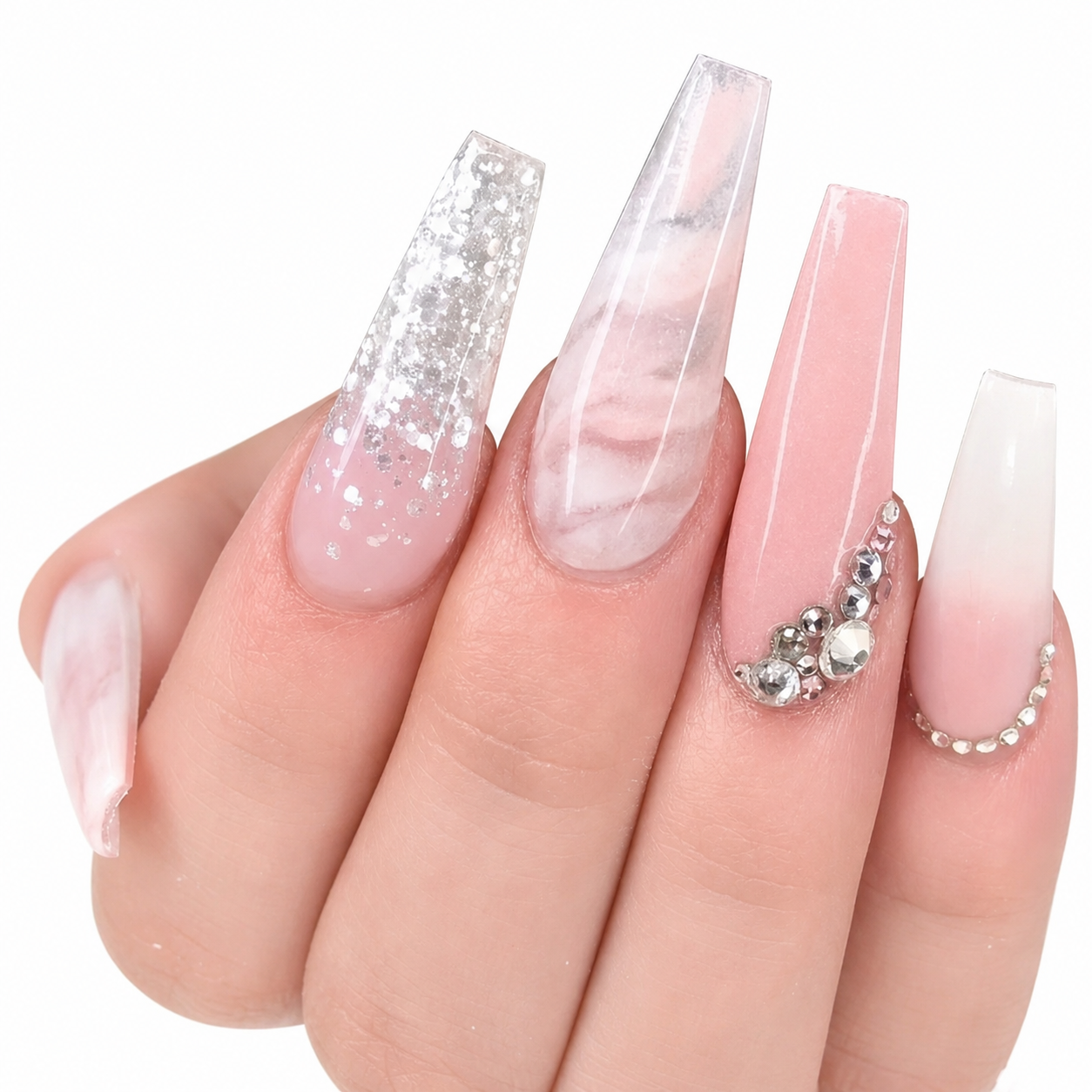 Pink Marble | Crystal Extra Long Coffin Press-On Nails