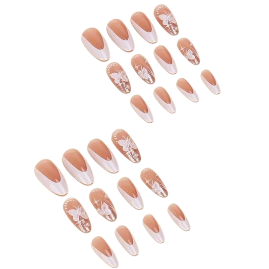 Butterfly Veil | Long Almond White French Butterfly Press-On Nails