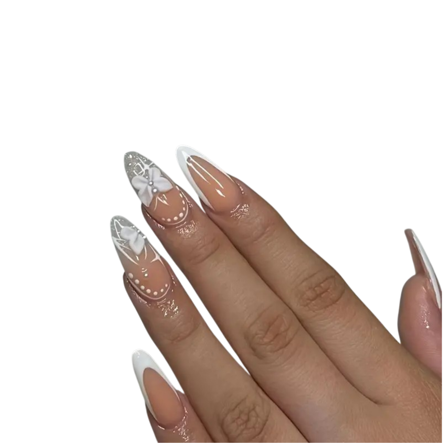 A close-up of a hand displaying long, almond-shaped nails with a glossy nude-beige base and white French tips, decorated with delicate white floral and dot patterns on the top nails.