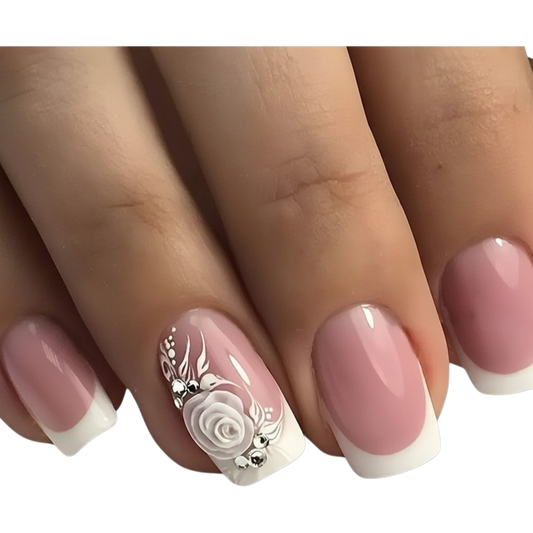 Rose French | Medium Square Floral Press-On Nails