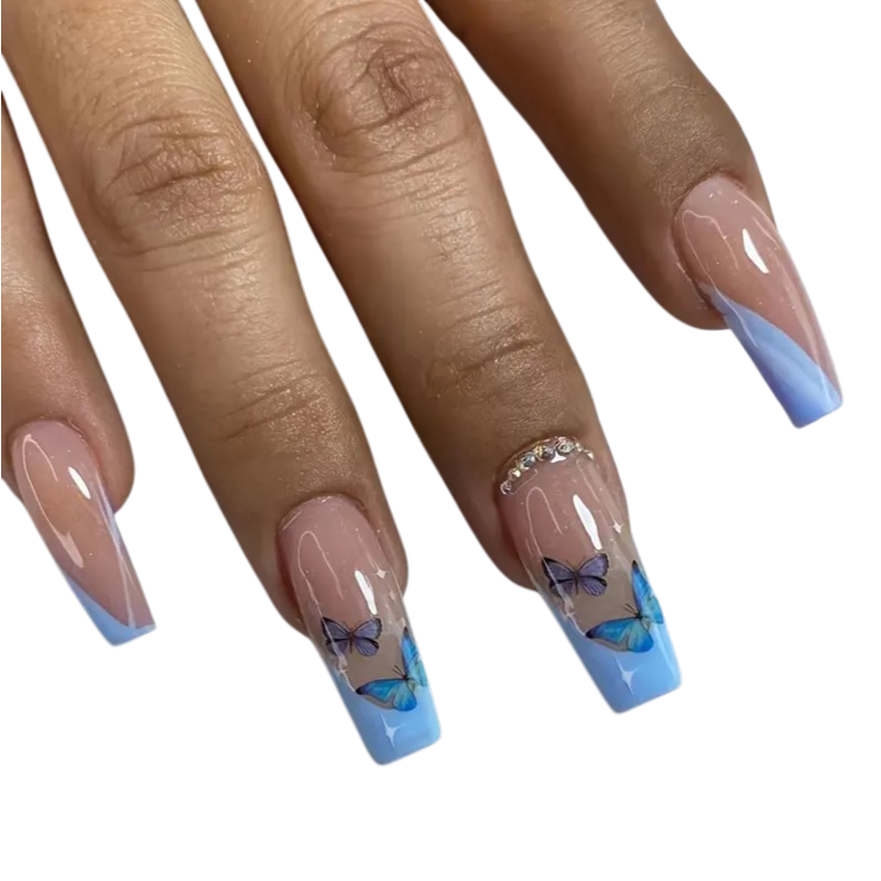 Blue Butterfly | Long Coffin Press-On Nails
