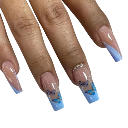Blue Butterfly | Long Coffin Press-On Nails