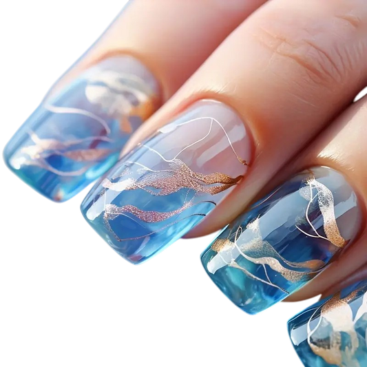 Gilded Tide | Medium Square Blue Marble Press-On Nails
