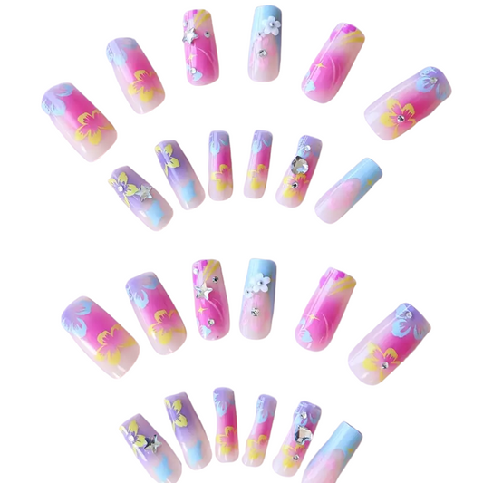 Garden Pop | Long Square Floral Press-On Nails