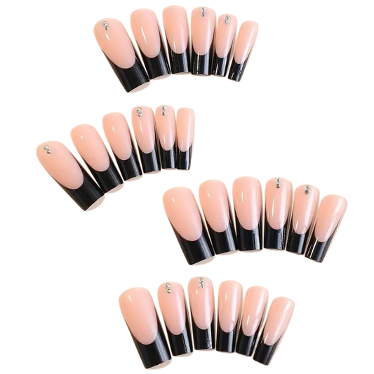 Crystal Tuxedo | Extra-Long Square Black French Press-On Nails