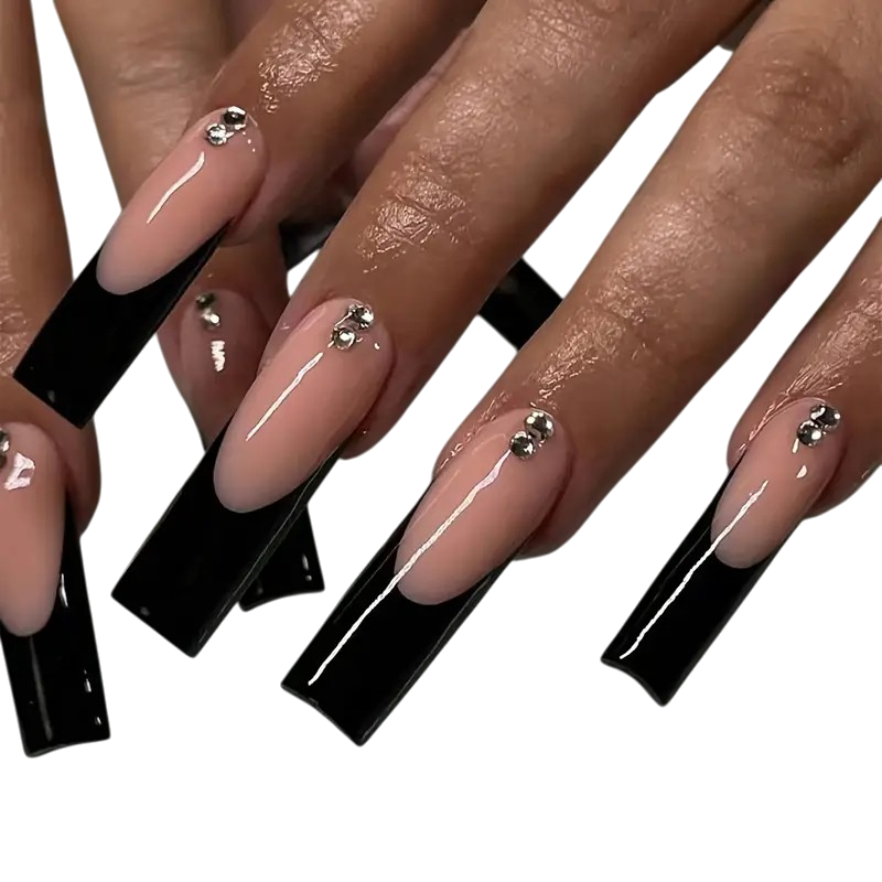 Crystal Tuxedo | Extra-Long Square Black French Press-On Nails