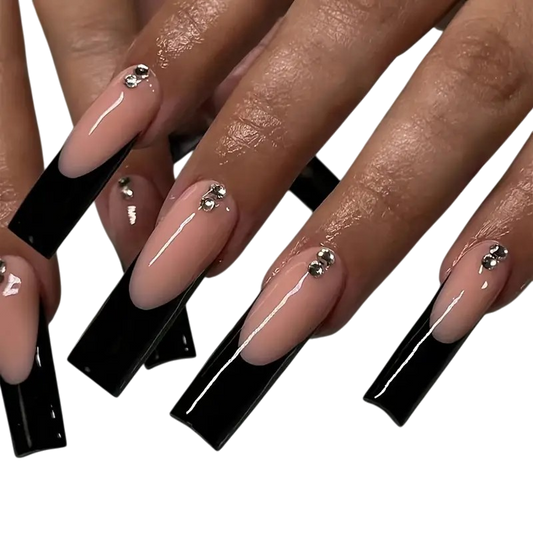 Crystal Tuxedo | Extra-Long Square Black French Press-On Nails