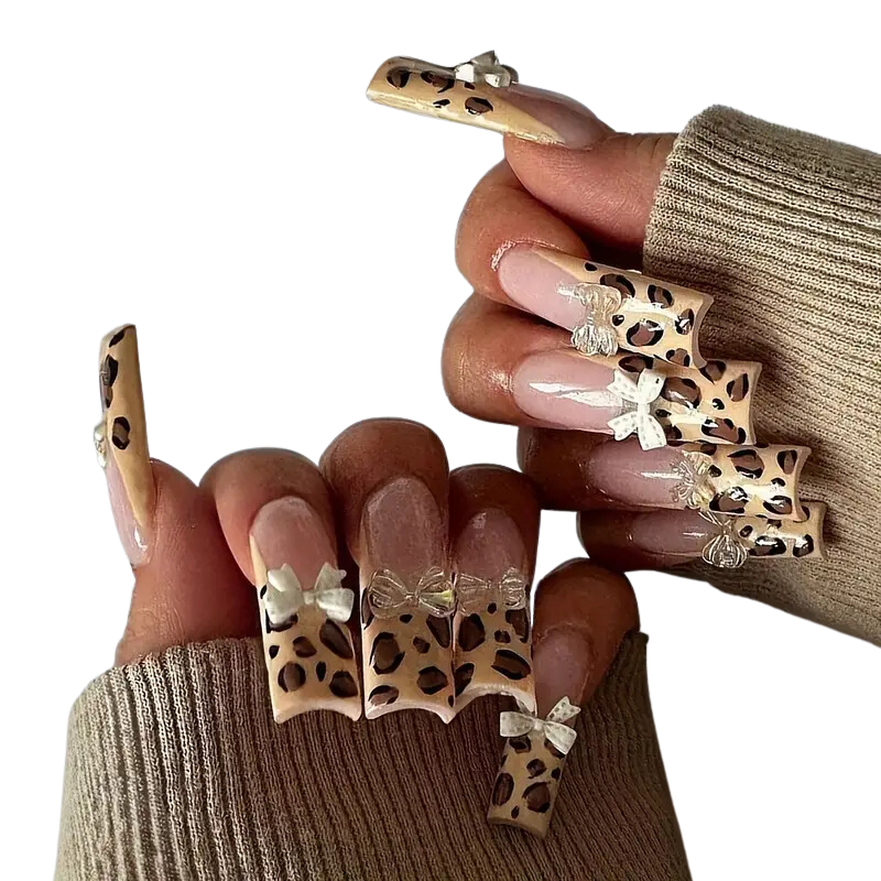 Leopard Bow Extra Long Coffin Press-On Nails