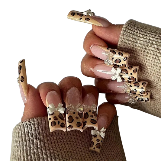 Leopard Bow Extra Long Coffin Press-On Nails