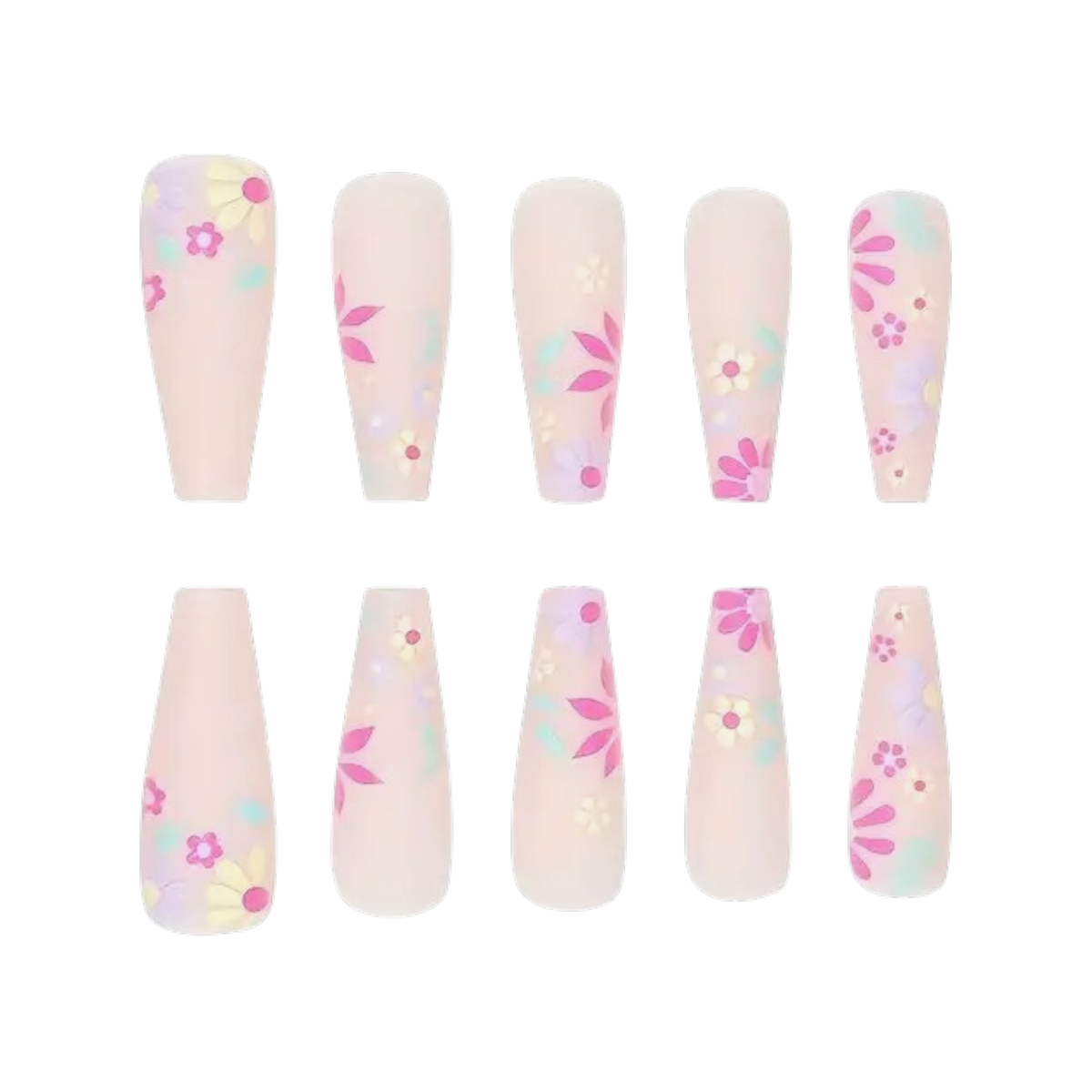 Pink Flower Confetti Extra Long Coffin Press-On Nails