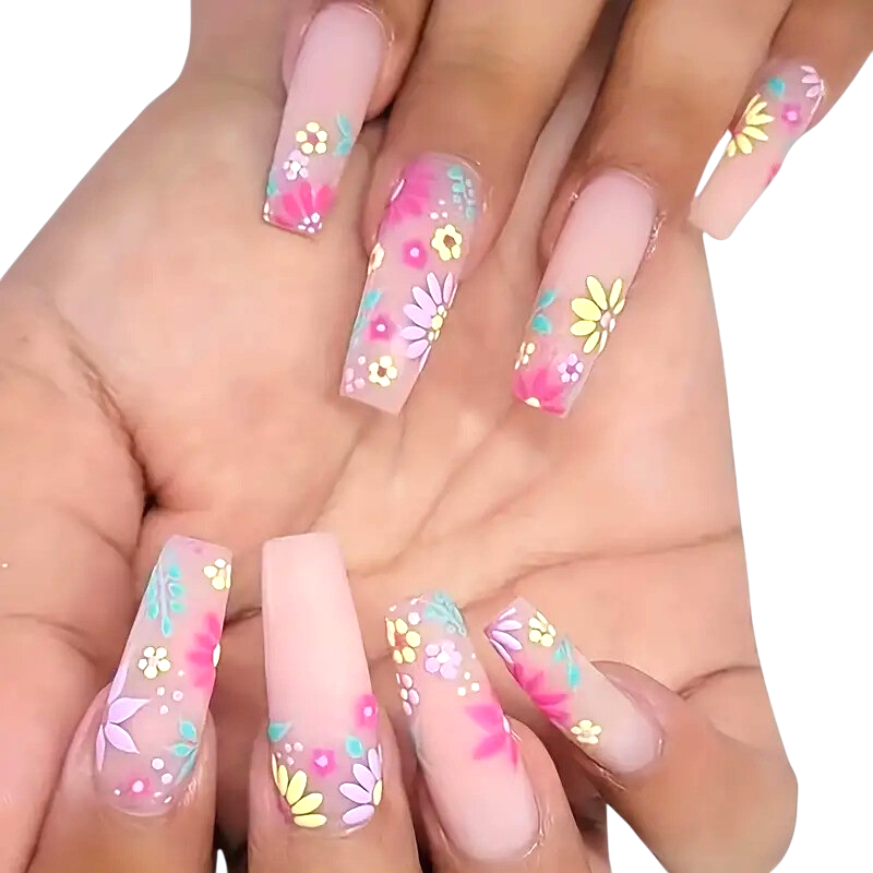 Pink Flower Confetti Extra Long Coffin Press-On Nails