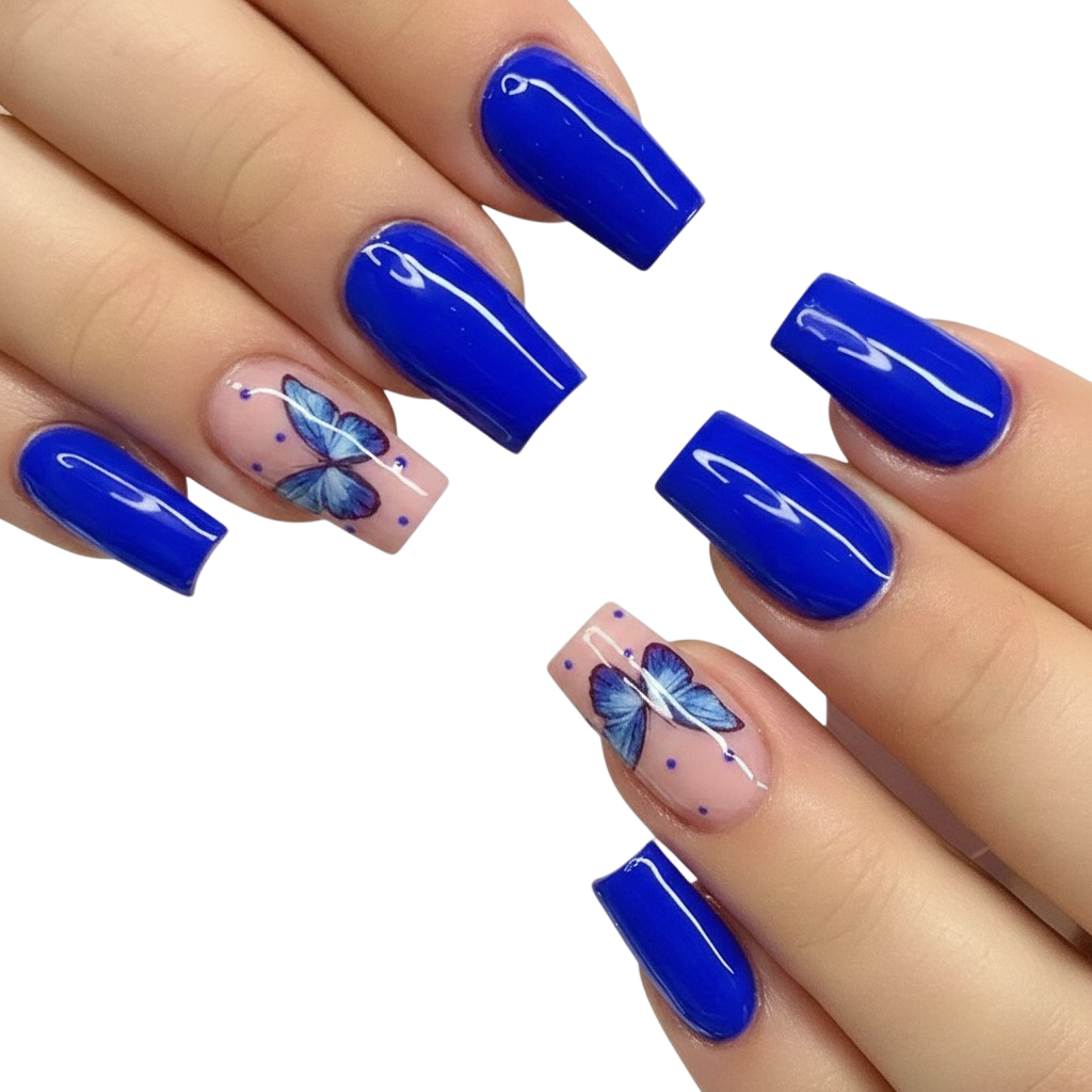Cobalt Butterfly Long Coffin Press-On Nails