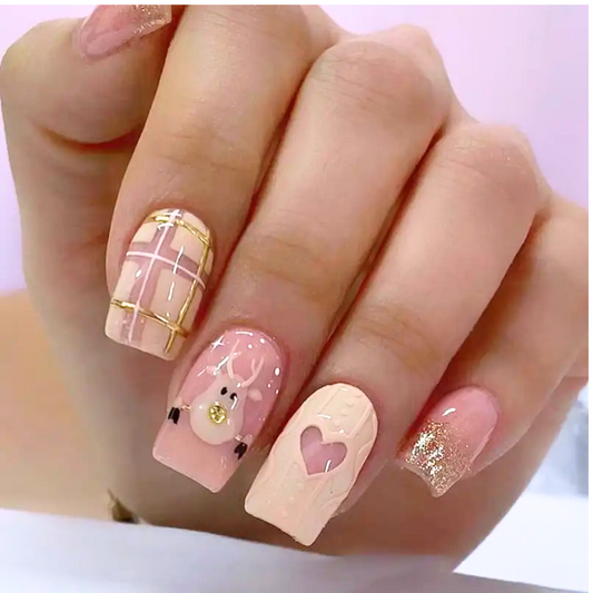 Pink Elk Heart Nails