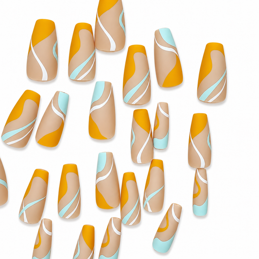 A set of almond-shaped press-on nails with an abstract wavy pattern in mustard yellow, beige, white, and light blue on a plain white background.