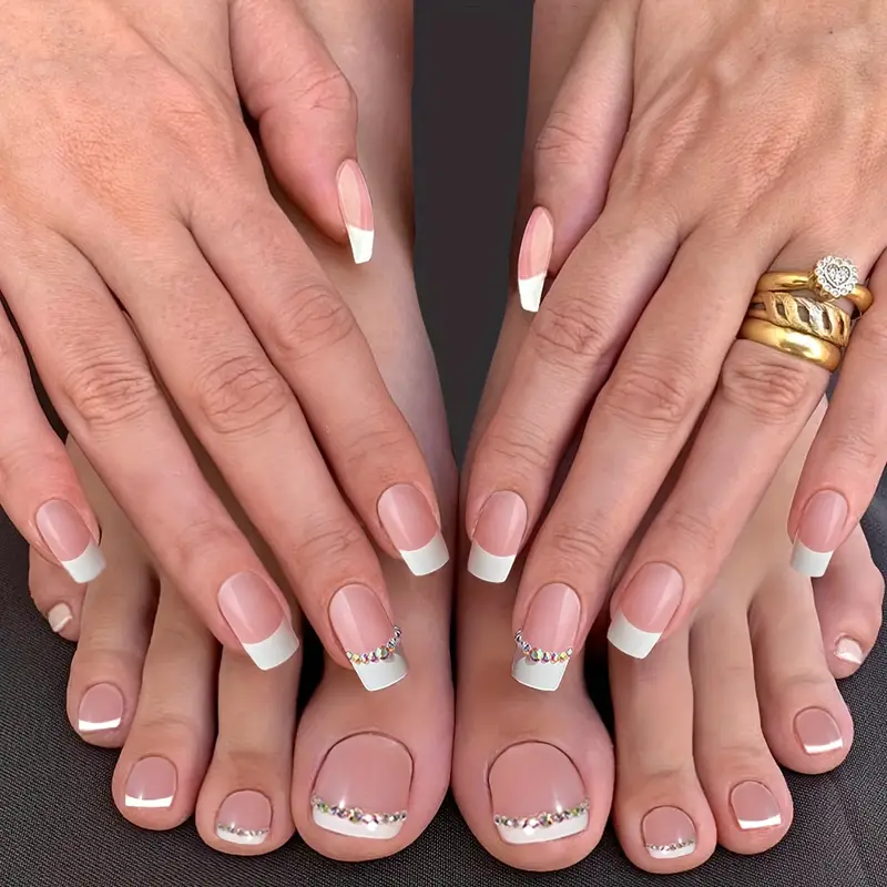 Rhinestone French Tip Nail and Toe Set