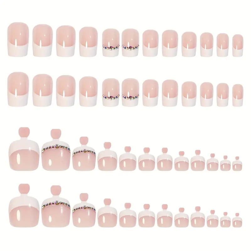 Rhinestone French Tip Nail and Toe Set