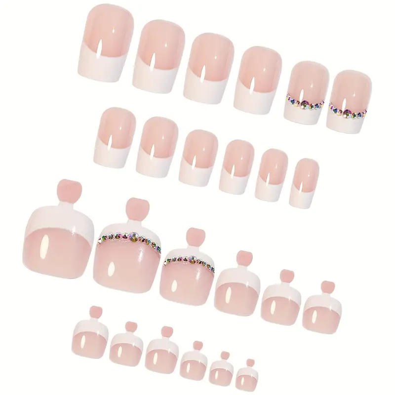 Rhinestone French Tip Nail and Toe Set