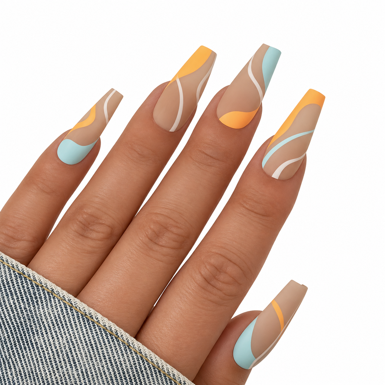 Color Swirl Long Coffin Press-On Nails | Retro Summer Abstract Nails
