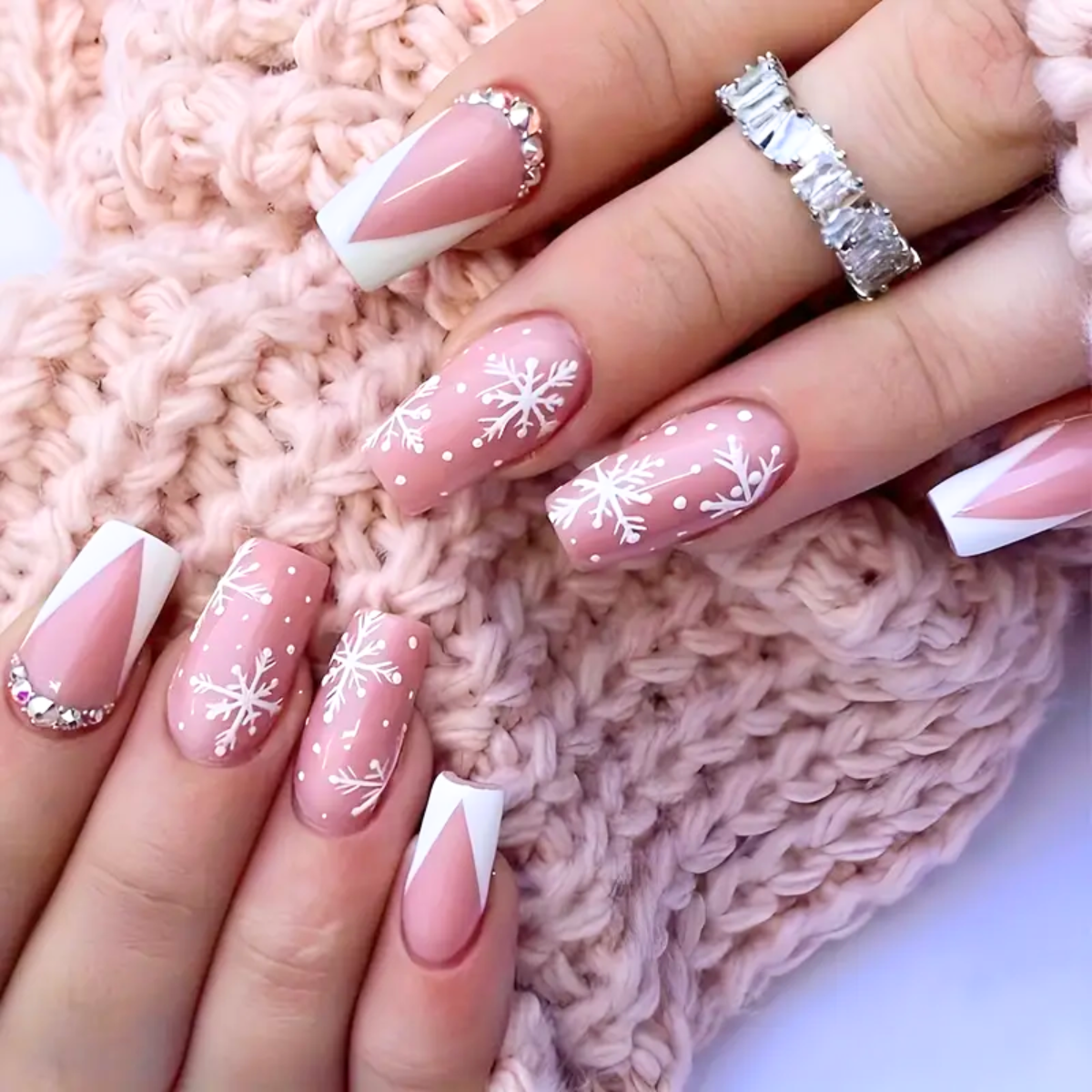 Pink Winter Rhinestone Nails