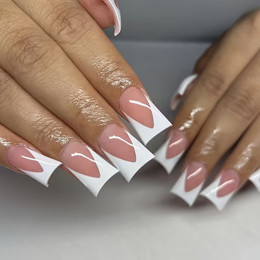 White Edge Long Duckbill Press-On Nails