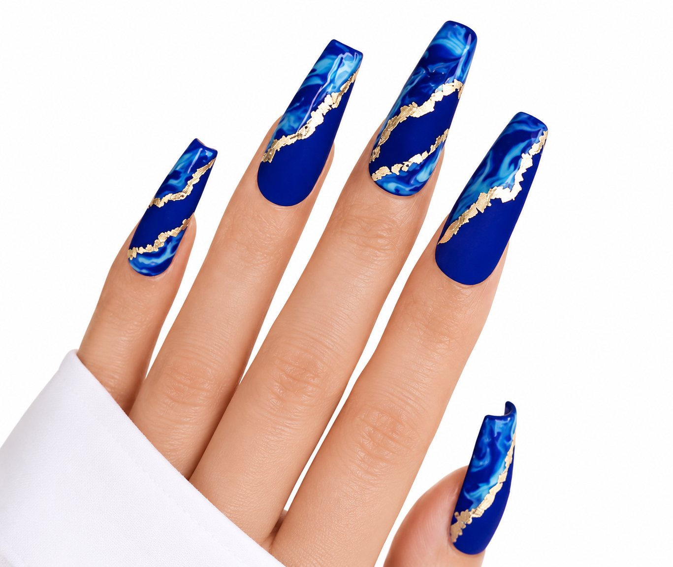Blue Flame Press-On Nails | Matte Blue Marble Coffin Nails