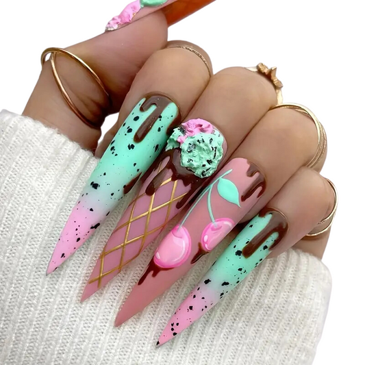 Choco Mint Extra Long Stiletto Press-On Nails | Ice Cream Dessert Nails