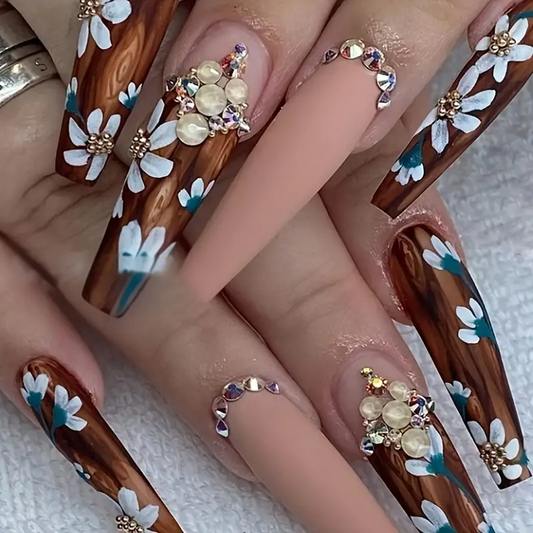 Flowers and Rhinestone Nails