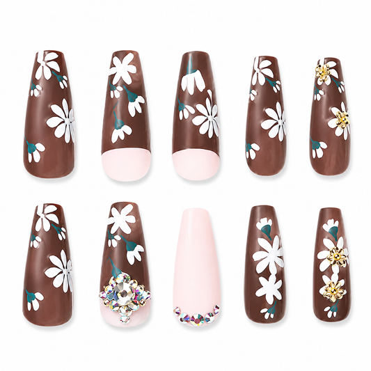 Woodland Daisy Press-On Nails | Floral Woodgrain Coffin Nails