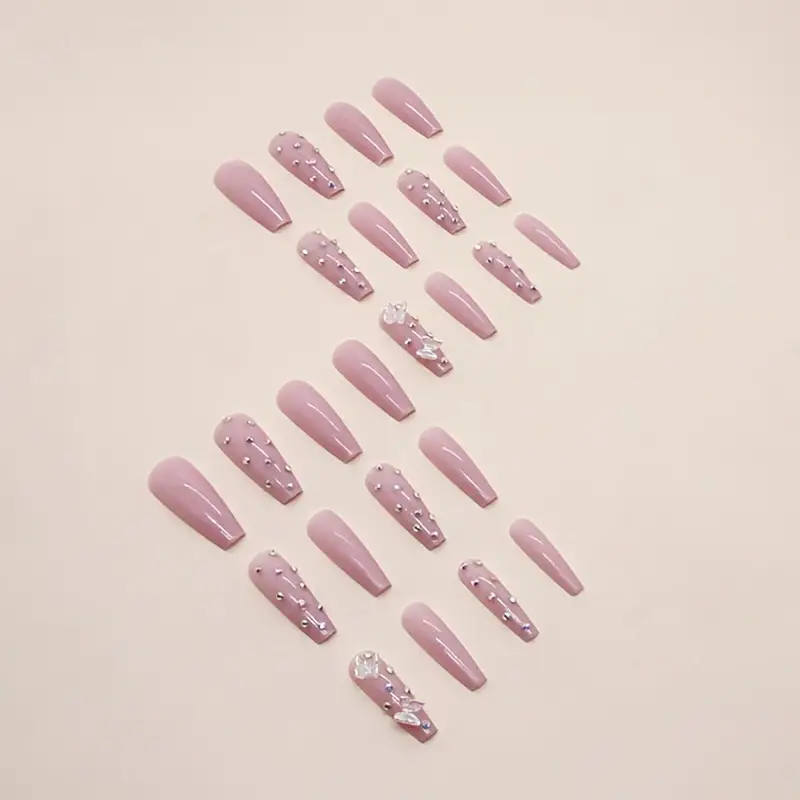 Pink Crystal Butterfly Nails