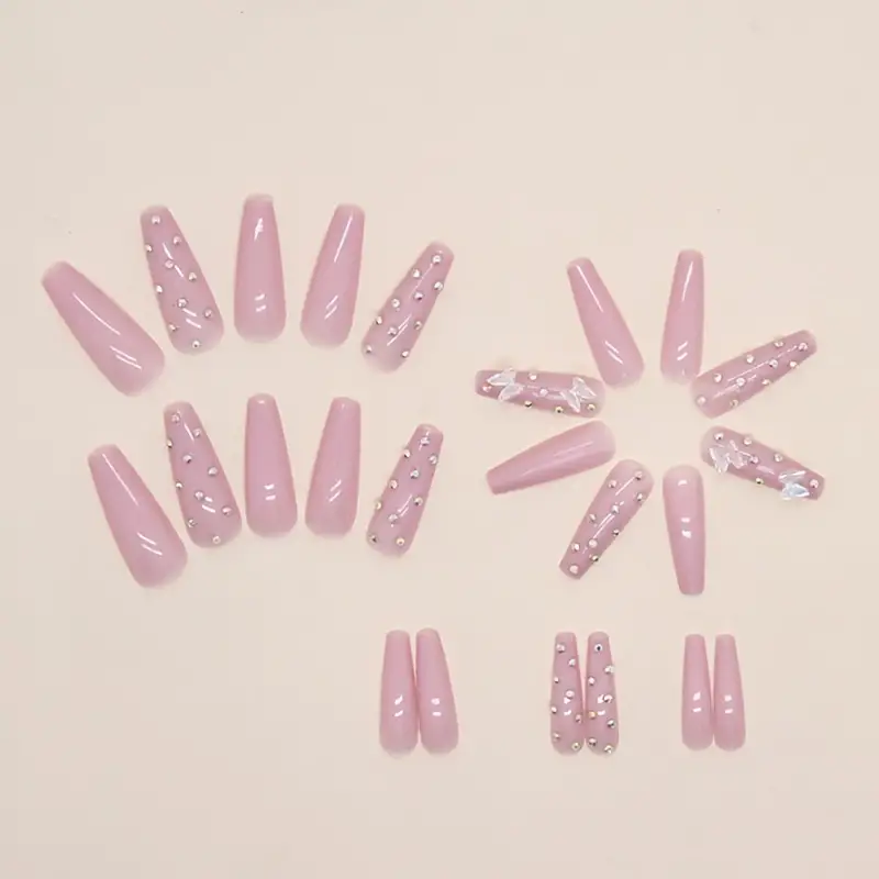 Pink Crystal Butterfly Nails