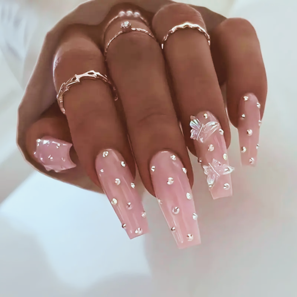 Pink Crystal Butterfly Nails