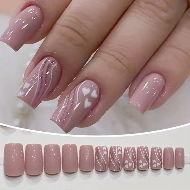 Pink & White Heart Nails