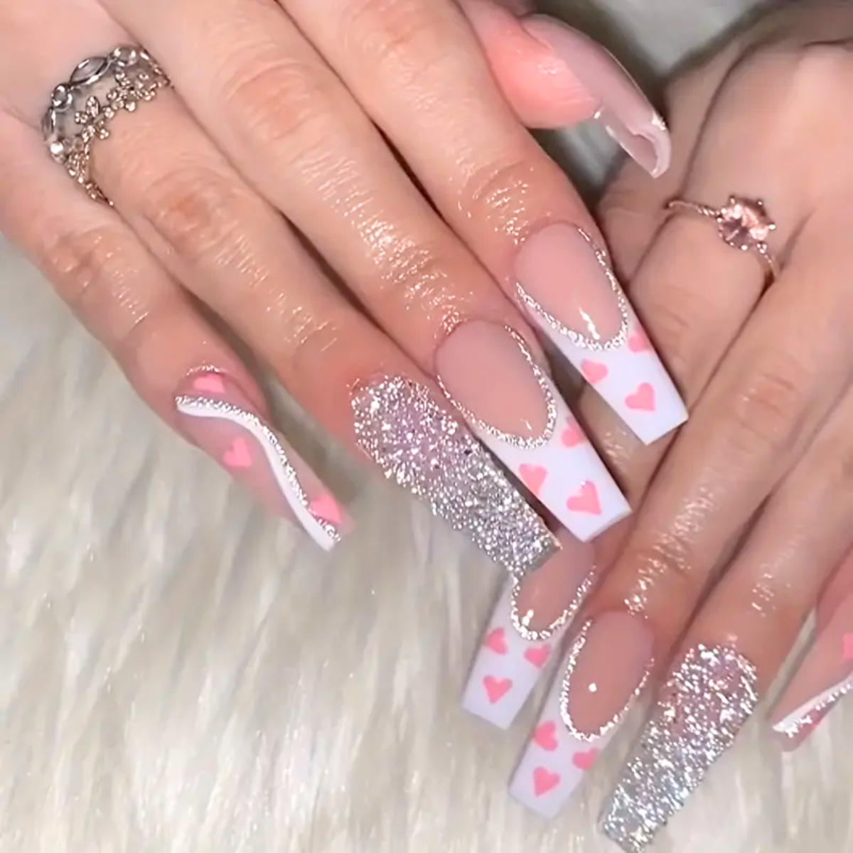 Sparkly Pink Heart Nails