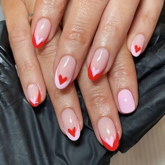 Pink & Red Heart Nails