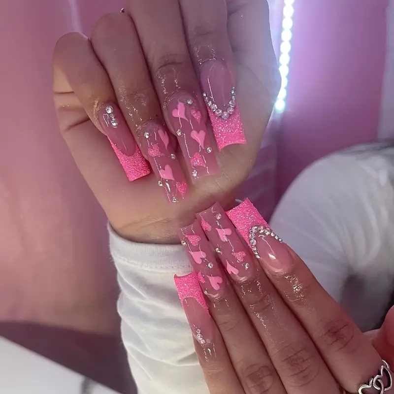 Glitter Pink Heart Nails