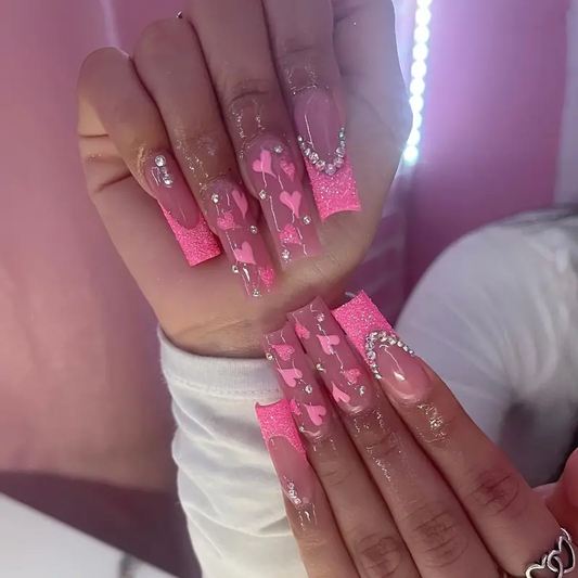 Glitter Pink Heart Nails