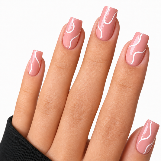 Silk Ribbon Short Press-On Nails | Minimalist White Swirl Nails