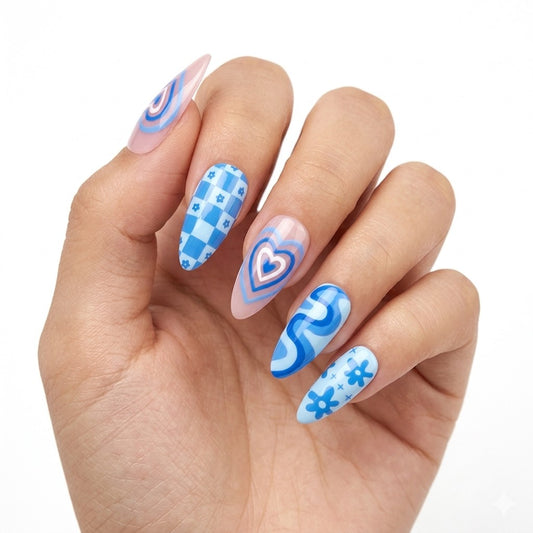 Groovy Hearts | Petite Fit Almond Press-On Nails | Y2K Blue Pink Daisy & Hearts Retro Glam