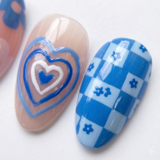 Groovy Hearts | Petite Fit Almond Press-On Nails | Y2K Blue Pink Daisy & Hearts Retro Glam