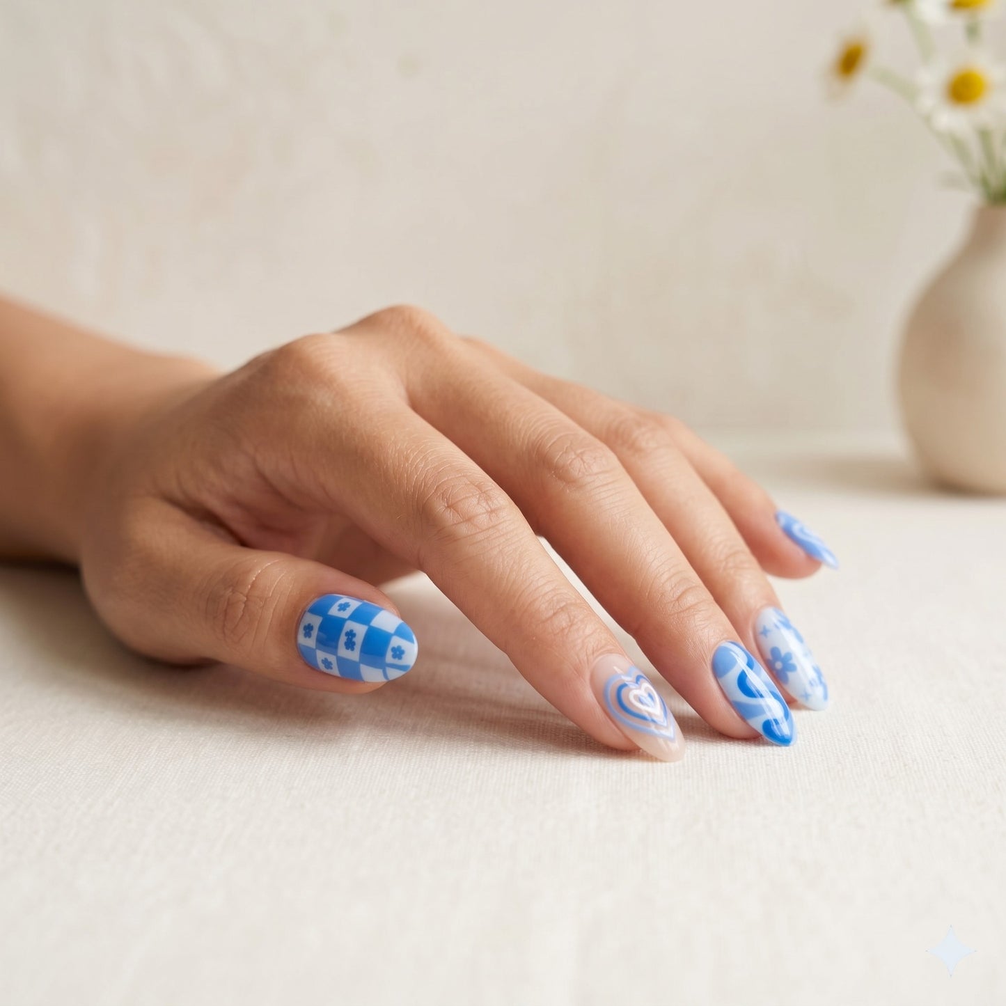 Groovy Hearts | Petite Fit Almond Press-On Nails | Y2K Blue Pink Daisy & Hearts Retro Glam