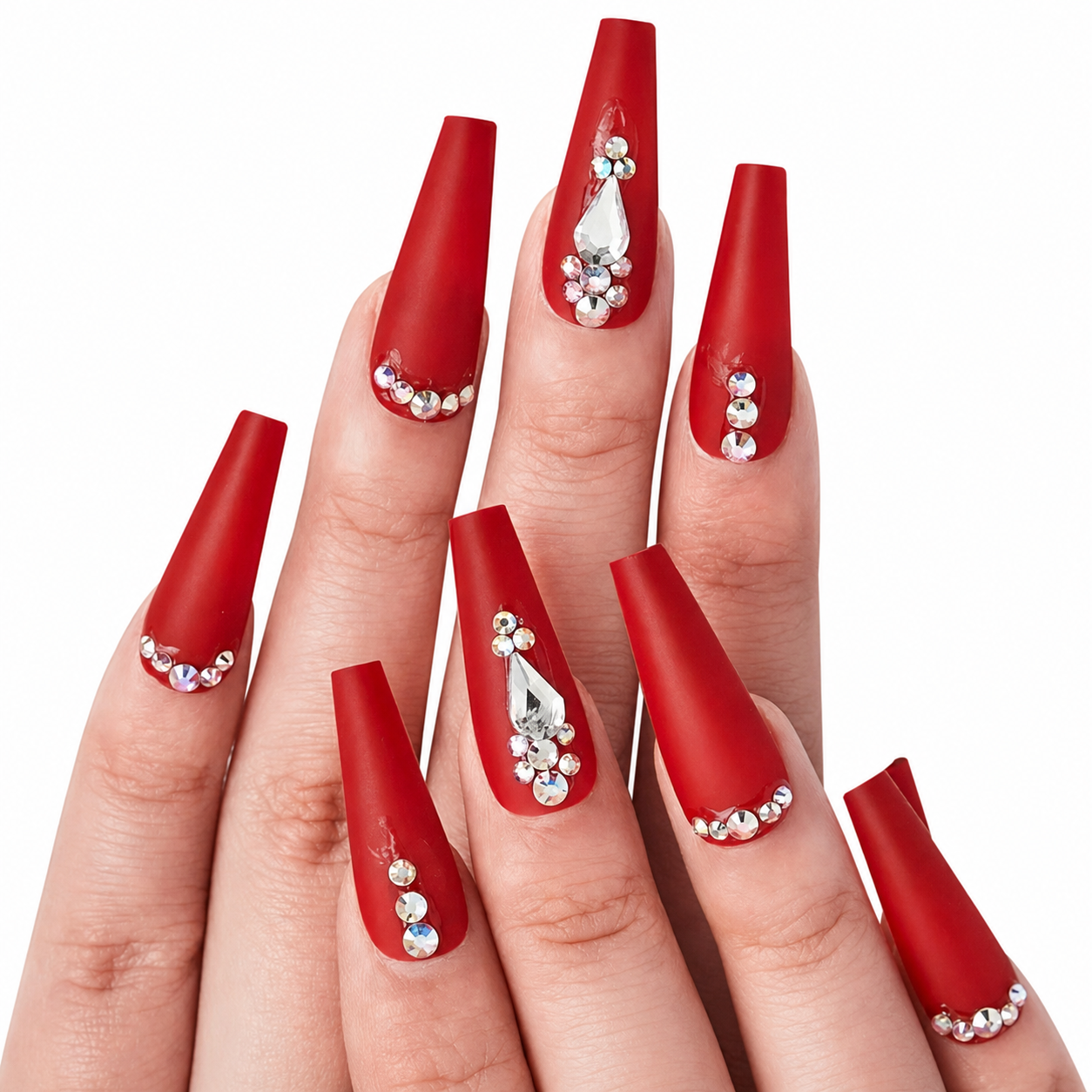 Scarlet Luxe | Matte Red Crystal Coffin Press-On Nails