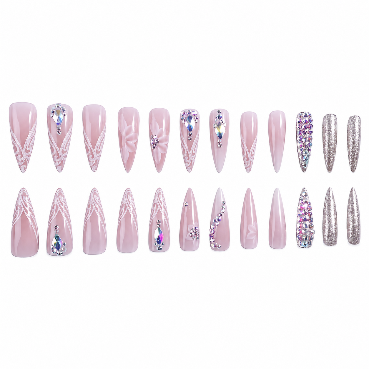 Crystal Petals 24-piece light-pink stiletto press-on nail set with white floral designs, crystals and silver-glitter accent nails