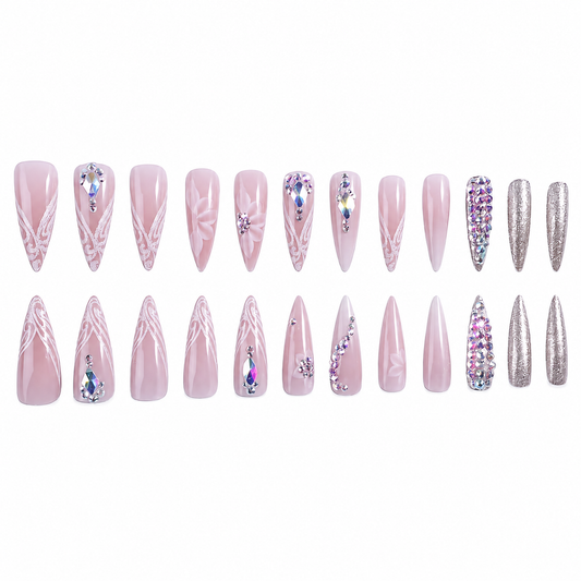 Crystal Petals 24-piece light-pink stiletto press-on nail set with white floral designs, crystals and silver-glitter accent nails